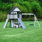 Backyard Discovery Canyon Creek Cedar Wood Swing Set with Wave Slide, Clubhouse, Play Kitchen, Picnic Area, Belt Swings, Web Swing, Rock Wall, Balconies, Playhouse, Step Ladder, Outdoor Playset