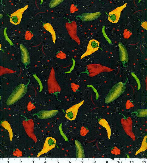 Robert Kaufman Tossed Peppers on Black Novelty Cotton Fabric