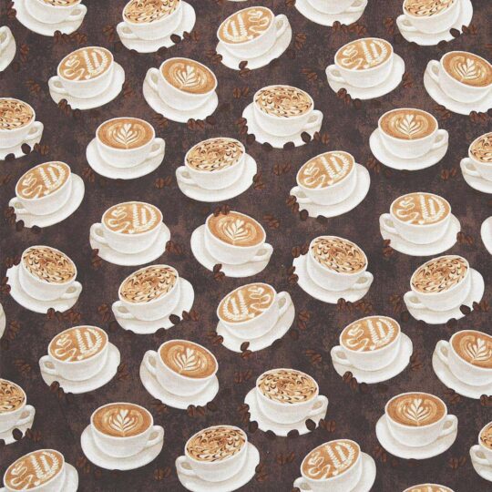 Coffee Cups on Brown Novelty Cotton Fabric
