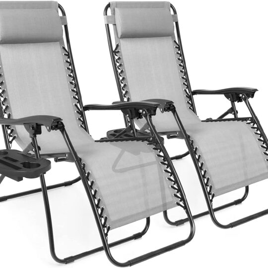 Set of 2 Adjustable Steel Mesh Zero Gravity Lounge Chair Recliners w/Pillows and Cup Holder Trays