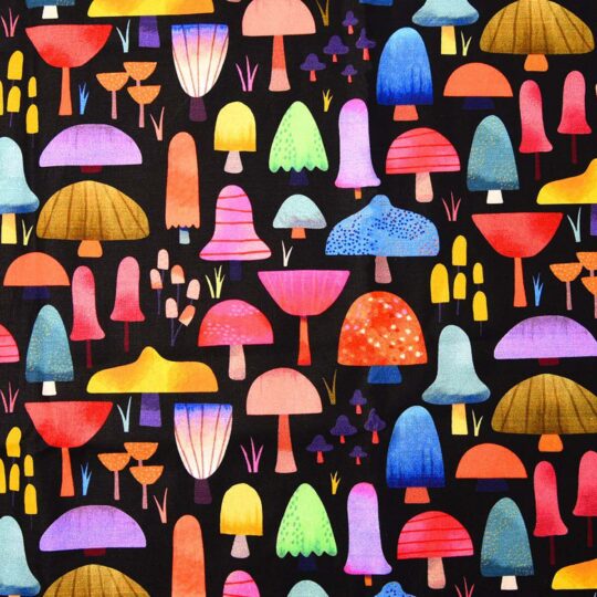 Bright Mushrooms on Black Novelty Cotton Fabric