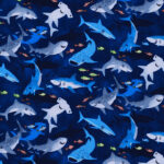 Novelty Cotton Fabric Smiley Sharks Navy