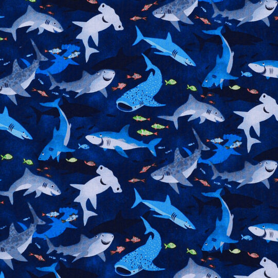 Novelty Cotton Fabric Smiley Sharks Navy