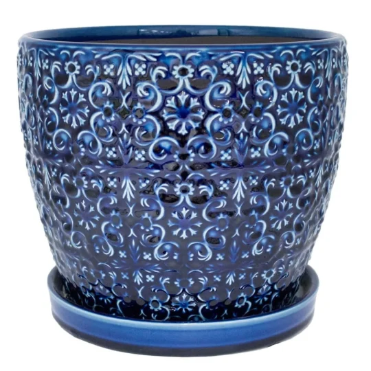 Trendspot Mediterranean 12" Round Blue Ceramic Planter